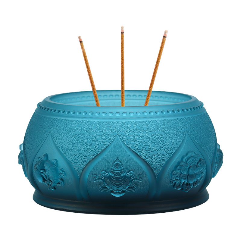 Royal Blue Octo Auspicious Symbola Buddhist Altare Crystal Glass Offerings