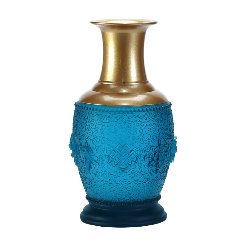 Royal Blue Octo Auspicious Symbola Buddhist Altare Crystal Glass Offerings