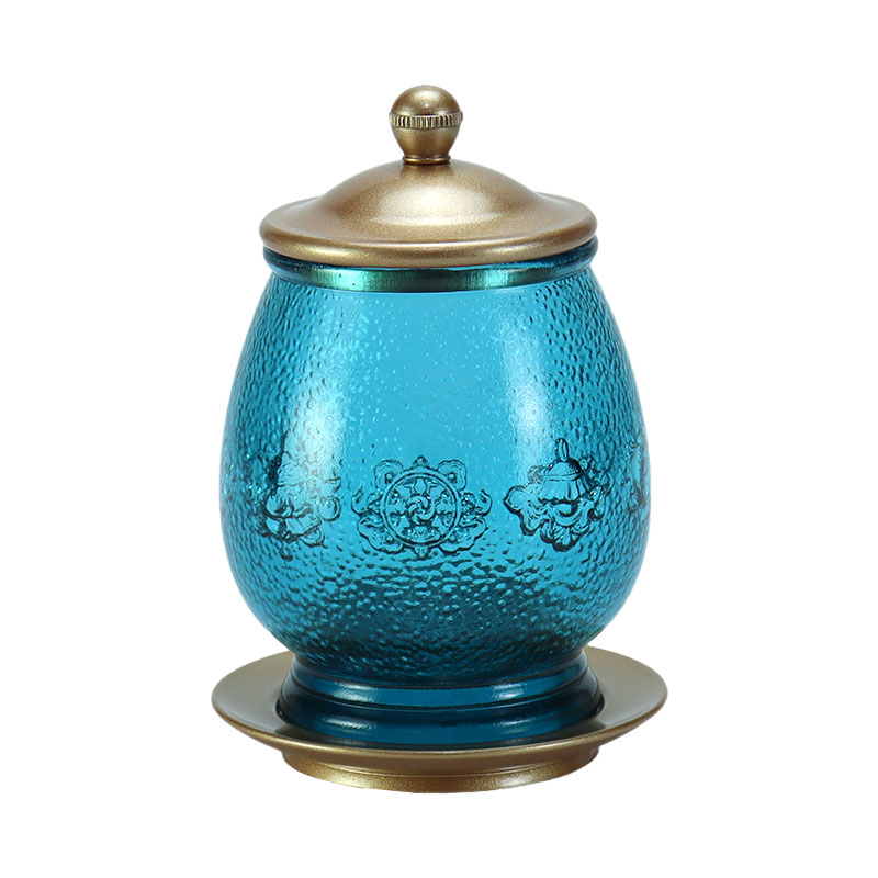 Royal Blue Octo Auspicious Symbola Buddhist Altare Crystal Glass Offerings