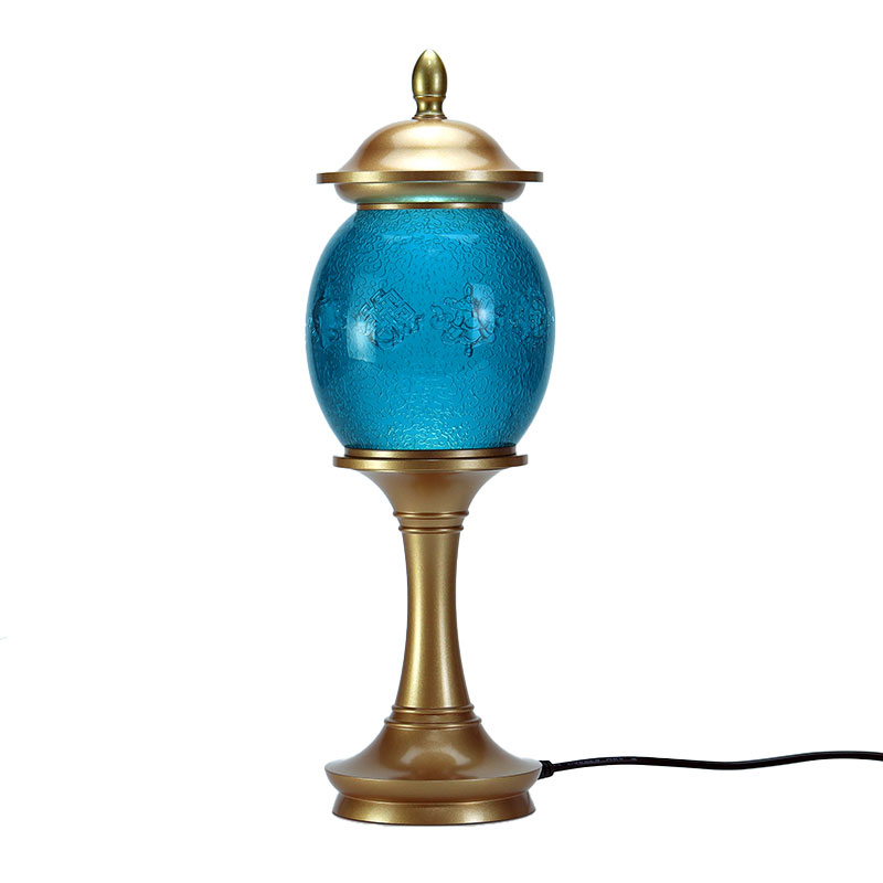 Royal Blue Octo Auspicious Symbola Buddhist Altare Crystal Glass Offerings