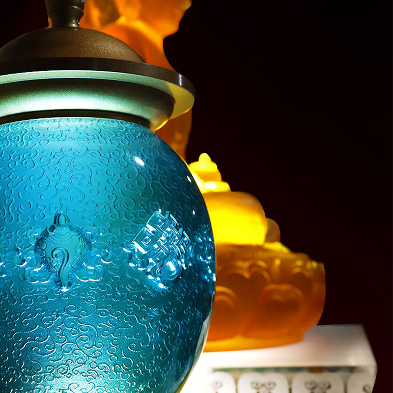 Royal Blue Octo Auspicious Symbola Buddhist Altare Crystal Glass Offerings