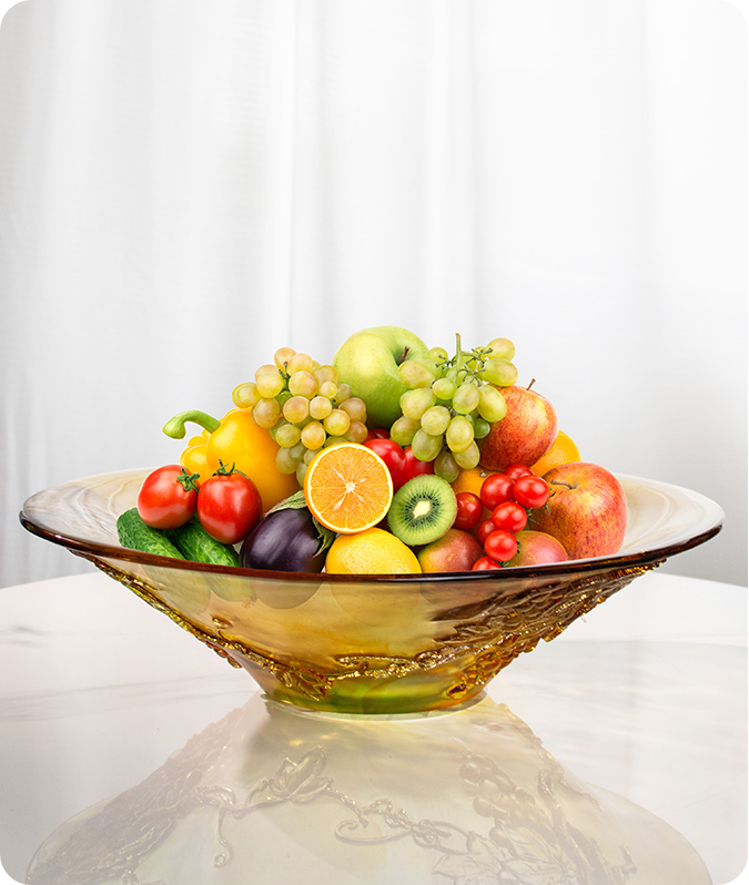 Laden vas vitreum laden cum fructibus